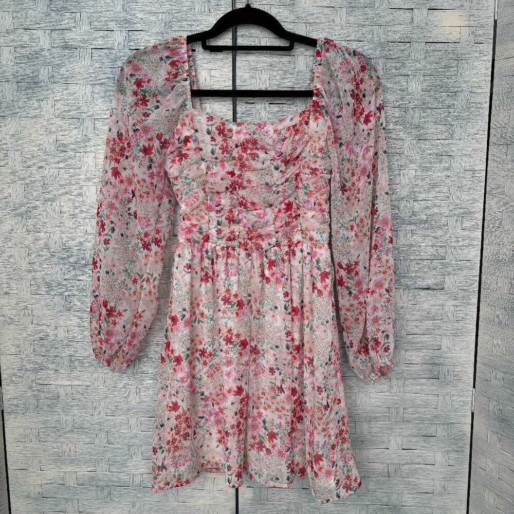 Midnight Doll XS Floral Print Square‎ Neck Long Sleeve Ruffle Mini Dress